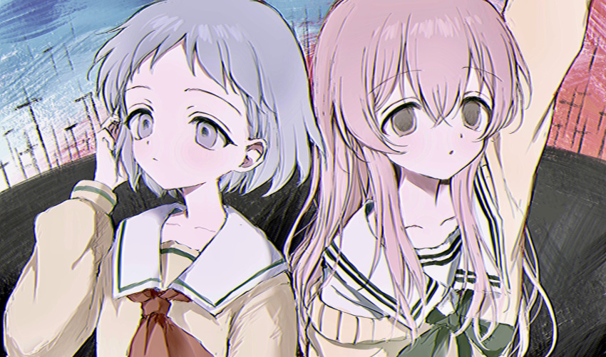 2girls arm_up blue_hair cardigan crossover expressionless grey_eyes highres kimi_to_kanojo_to_kanojo_no_koi. long_hair mukou_aoi_(totono) multiple_girls neckerchief parted_lips pink_hair red_neckerchief sailor_collar school_uniform serafuku shizuku_(game) short_hair tsukishima_ruriko upper_body yuyuyuyhz