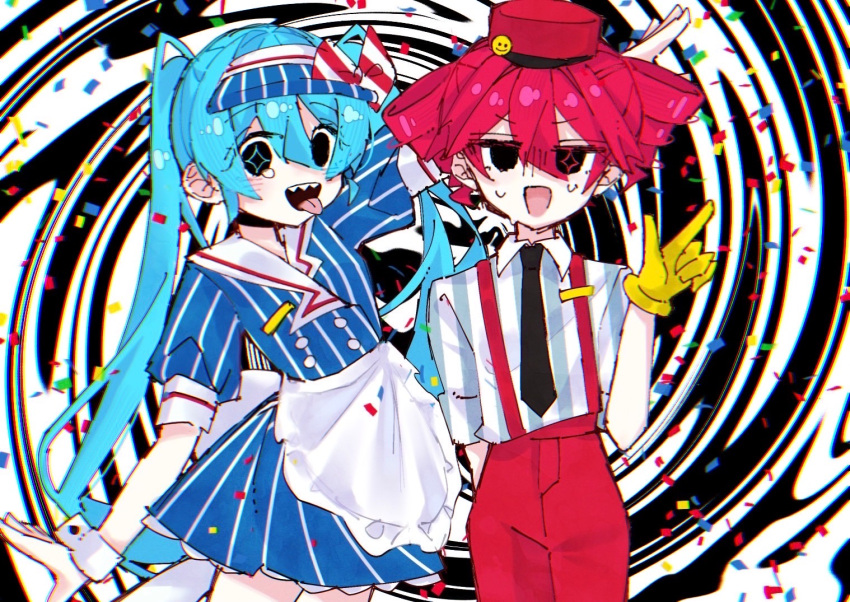 2girls apron arm_up black_eyes black_necktie blue_dress blue_hair bow buttons collared_shirt commentary_request confetti diagonal-striped_bow double-breasted dress drill_hair flat_chest gloves hair_between_eyes hair_intakes hand_up hat hatsune_miku kasane_teto long_hair mesmerizer_(vocaloid) multiple_girls necktie no_nose open_mouth pants puffy_short_sleeves puffy_sleeves red_hair red_hat red_pants sharp_teeth shirt short_sleeves smile striped_clothes striped_dress striped_shirt suspenders sweat teeth tokagami tongue tongue_out twin_drills twintails utau vertical-striped_clothes vertical-striped_dress vertical-striped_shirt visor_cap vocaloid waist_apron waitress white_apron white_shirt white_wrist_cuffs wrist_cuffs yellow_gloves