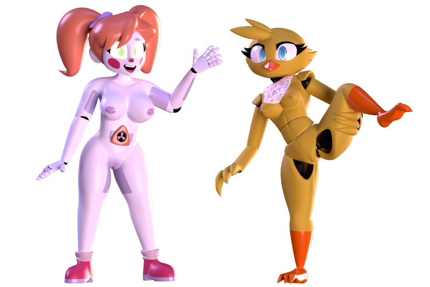 2019 3d_(artwork) absurd_res animatronic anthro baby_(fnafsl) big_breasts blush breasts chica_(fnaf) digital_media_(artwork) duo female five_nights_at_freddy's green_eyes hair hi_res humanoid looking_at_viewer machine nipples not_furry nude open_mouth pussy pussy_juice robot sister_location smile thebunwiththescarf video_games