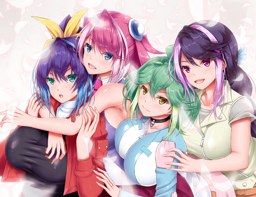 4girls blue_eyes bracelet_girls breasts green_eyes green_hair highres hiiragi_yuzu hug hug_from_behind huge_breasts karucho kurosaki_ruri long_hair multiple_girls pink_hair ponytail purple_eyes purple_hair quadruplets rin_(yuu-gi-ou_arc-v) serena_(yuu-gi-ou_arc-v) siblings sisters yellow_eyes yuri yuu-gi-ou yuu-gi-ou_arc-v