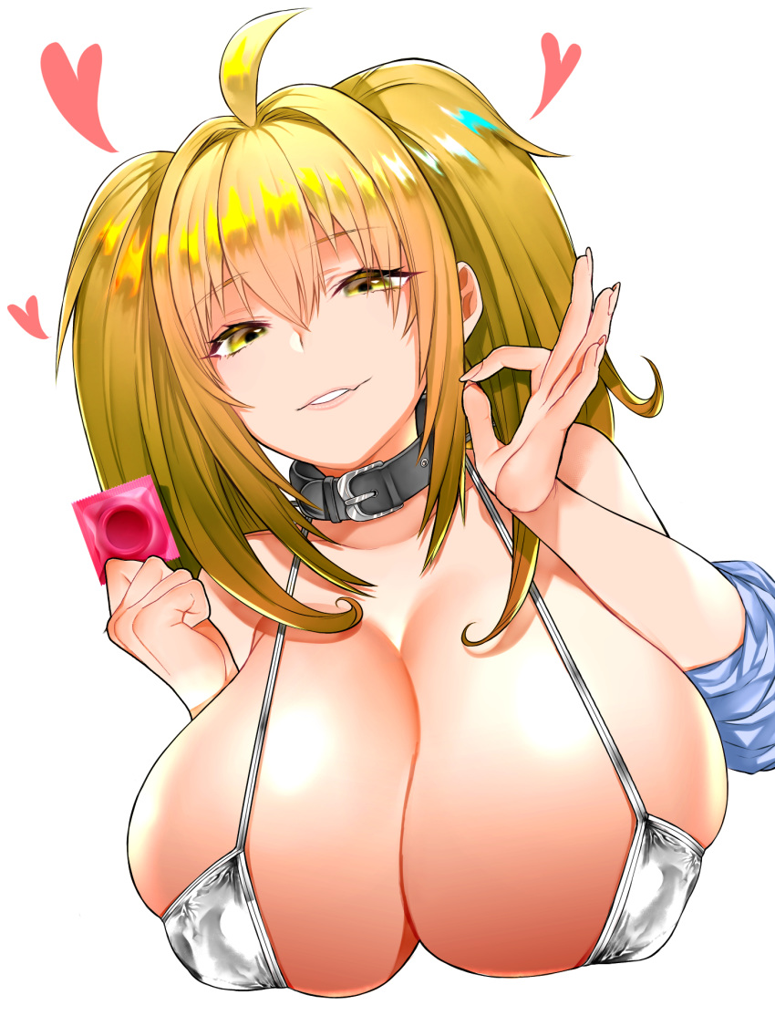 1girl ahoge bare_shoulders black_collar blonde_hair borrowed_character breasts cleavage collar collarbone commentary_request esouko handjob_gesture heart highres huge_breasts light_smile long_hair looking_at_viewer original saaya_(kirome) simple_background solo twintails upper_body white_background yellow_eyes