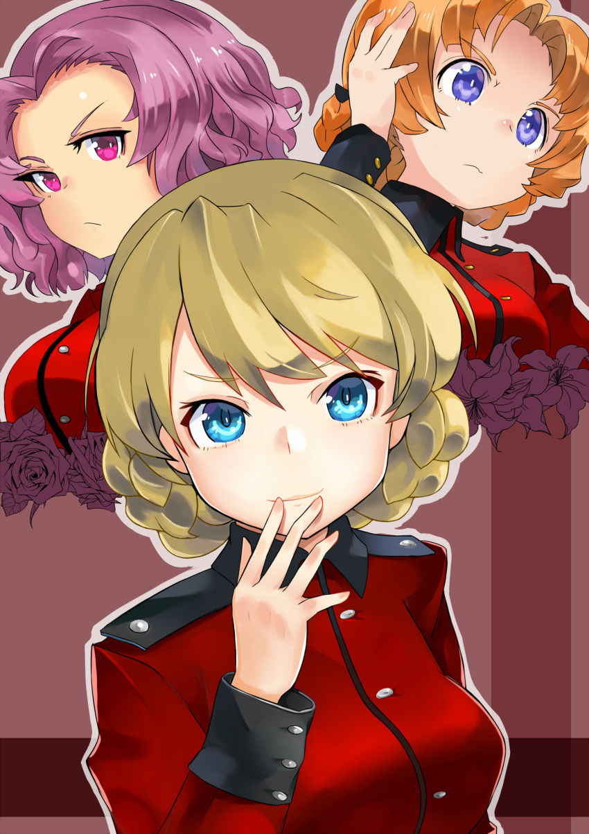 3girls alternate_eye_color bangs black_bow blonde_hair blue_eyes bow braid closed_mouth commentary cropped_torso darjeeling epaulettes eyebrows_visible_through_hair flower frown girls_und_panzer hair_bow hand_on_own_head hand_to_own_mouth highres jacket lily_(flower) long_sleeves looking_at_viewer military military_uniform monomono multiple_girls orange_hair orange_pekoe parted_bangs purple_eyes purple_hair red_jacket rose rosehip short_hair smile st._gloriana's_military_uniform tied_hair twin_braids uniform