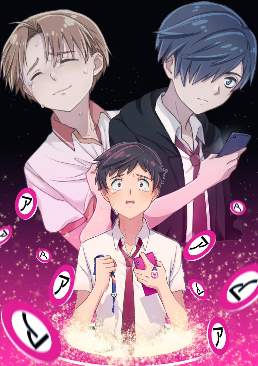 3boys absurdres azuma_sara black_background blue_eyes blue_hair brown_hair cellphone closed_eyes crying crying_with_eyes_open gradient gradient_background hair_over_one_eye highres holding holding_phone jinnai_enta kuji_toi leno^a^ looking_at_viewer male_focus misanga multiple_boys necktie phone pink_background red_eyes red_neckwear sarazanmai shirt short_sleeves sign simple_background smartphone tears white_shirt yasaka_kazuki