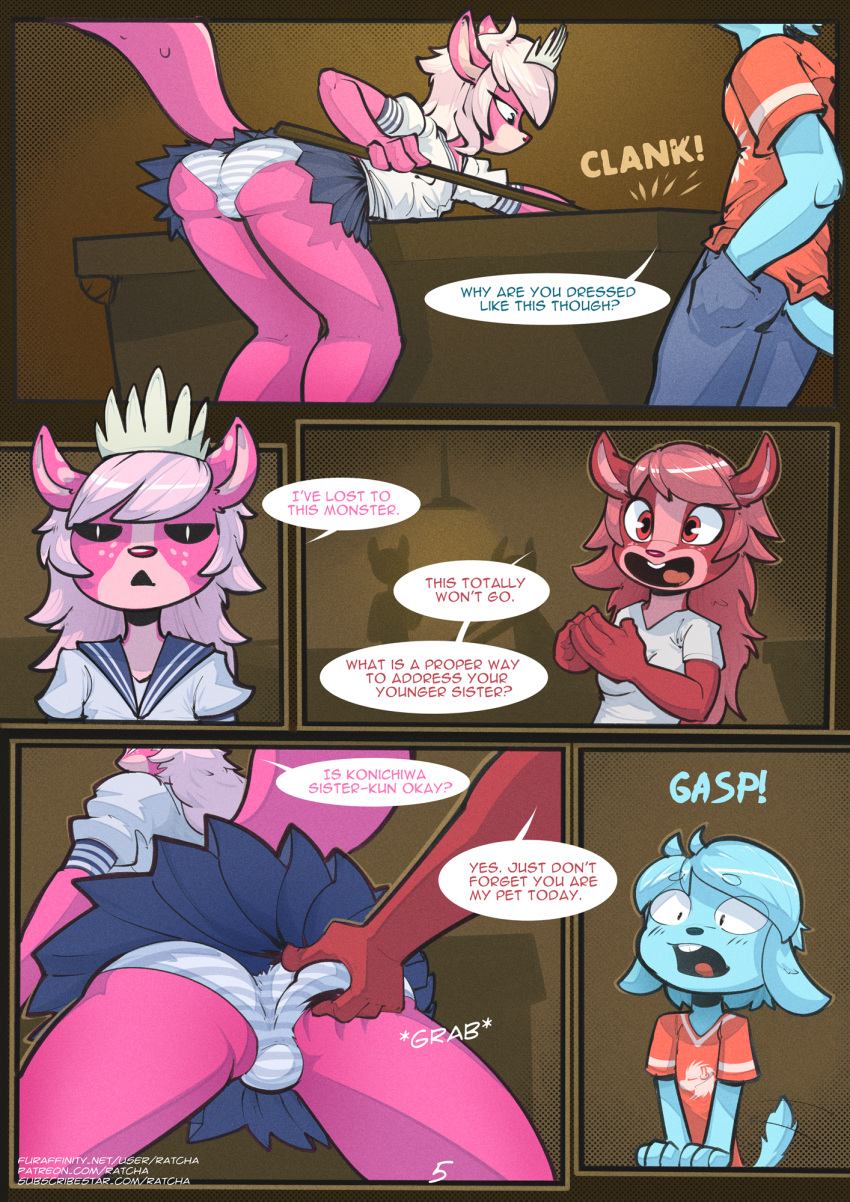 anthro brother brother_and_sister bulge clothed clothing comic crossdressing dialogue digital_media_(artwork) english_text female fur hair hi_res male mammal ratcha_(artist) rodent sciurid sibling sister text