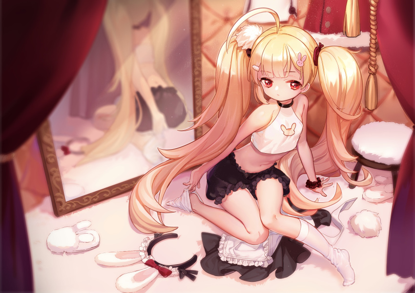 1girl absurdres ahoge animal_ears apron azur_lane bangs bare_arms bare_shoulders black_bloomers black_hairband black_scrunchie black_skirt blonde_hair bloomers bunny_cutout bunny_ears bunny_hair_ornament closed_mouth commentary_request curtains eldridge_(azur_lane) eyebrows_visible_through_hair fake_animal_ears frilled_apron frills full_body hair_ornament hairband hairband_removed hairclip highres kneehighs kneehighs_pull kotoba_(610430468) long_hair mirror no_shoes on_floor red_eyes reflection scrunchie shirt skirt skirt_removed sleeveless sleeveless_shirt solo stool twintails underwear undressing very_long_hair waist_apron white_apron white_legwear white_shirt wrist_scrunchie