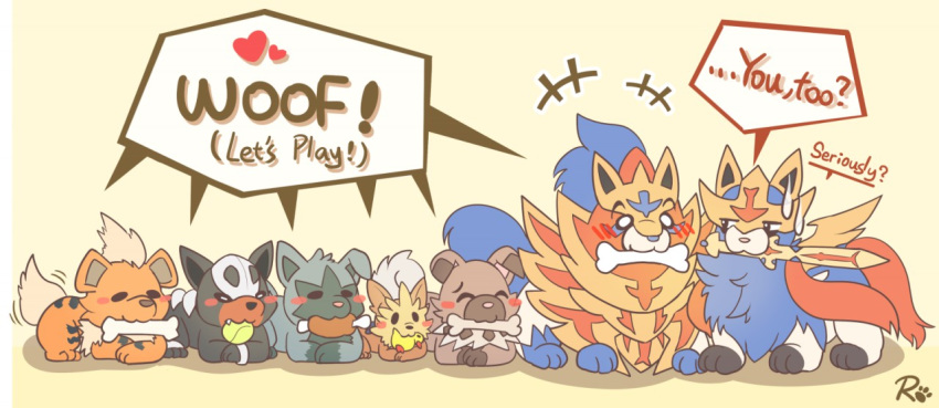 ! &lt;3 ... :3 ? ambiguous_gender ball blush bone canid canine dialogue english_text eyes_closed fangs feral floppy_ears food fur growlithe houndour legendary_pok&eacute;mon lillipup mammal meat melee_weapon nintendo pok&eacute;mon pok&eacute;mon_(species) poochyena question risenpaw rockruff rubber_duck sharp_teeth size_difference smile sword tailwag teeth tennis_ball text toy video_games weapon wholesome zacian zamazenta