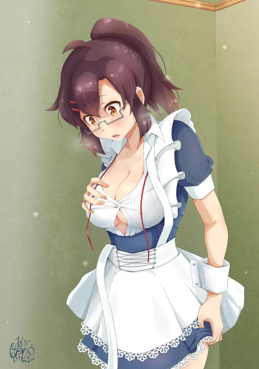 1girl absurdres ahoge alternate_costume apron black-framed_eyewear blush breasts brown_hair cleavage collarbone commentary commentary_request dragonoil enmaided eyebrows_visible_through_hair glasses hair_ornament hairclip hand_on_own_chest highres kouenji_(sewayaki_kitsune_no_senko-san) large_breasts lips long_hair maid maid_apron maid_headdress open_mouth ponytail sewayaki_kitsune_no_senko-san solo surprised sweat waist_apron