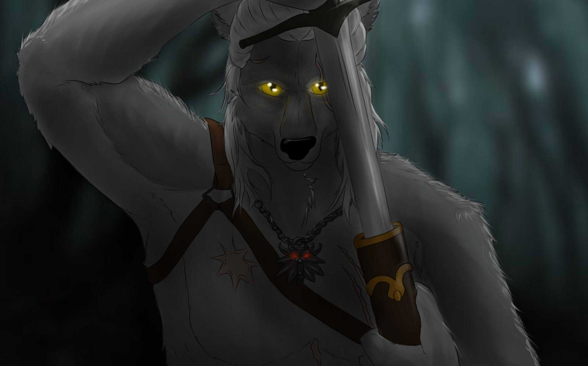2019 anthro black_nose canid canine canis digital_media_(artwork) fur geralt geralt_of_rivia grey_fur hair hi_res jewelry looking_at_viewer male mammal melee_weapon necklace night red_eyes sa-chat simple_background solo sword the_witcher weapon were werecanid werecanine werewolf white_hair witcher wolf yellow_eyes