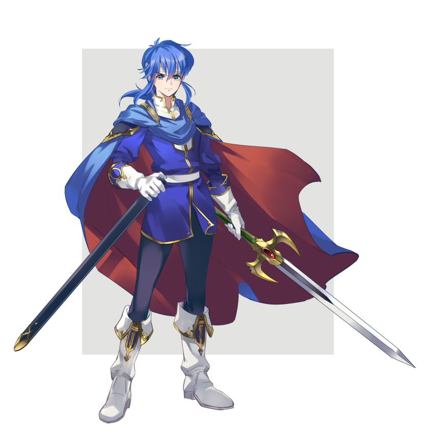 1boy absurdres blue_eyes blue_hair bomssp boots cape celice_(fire_emblem) fire_emblem fire_emblem:_seisen_no_keifu gloves hand_on_sheath highres male_focus scabbard sheath sidelocks solo sword weapon white_footwear white_gloves