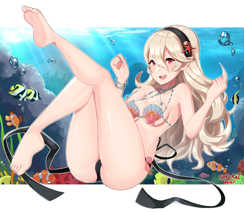 1girl absurdres artist_name ass bangs barefoot bikini black_hairband blush bubble clownfish female_my_unit_(fire_emblem_if) fire_emblem fire_emblem_cipher fire_emblem_if fish freediving hair_between_eyes hair_ornament hairband hands_up highres long_hair looking_at_viewer mamkute my_unit_(fire_emblem_if) navel pointy_ears red_eyes sarukaiwolf shell shell_bikini silver_hair simple_background smile soles swimsuit underwater water white_hair