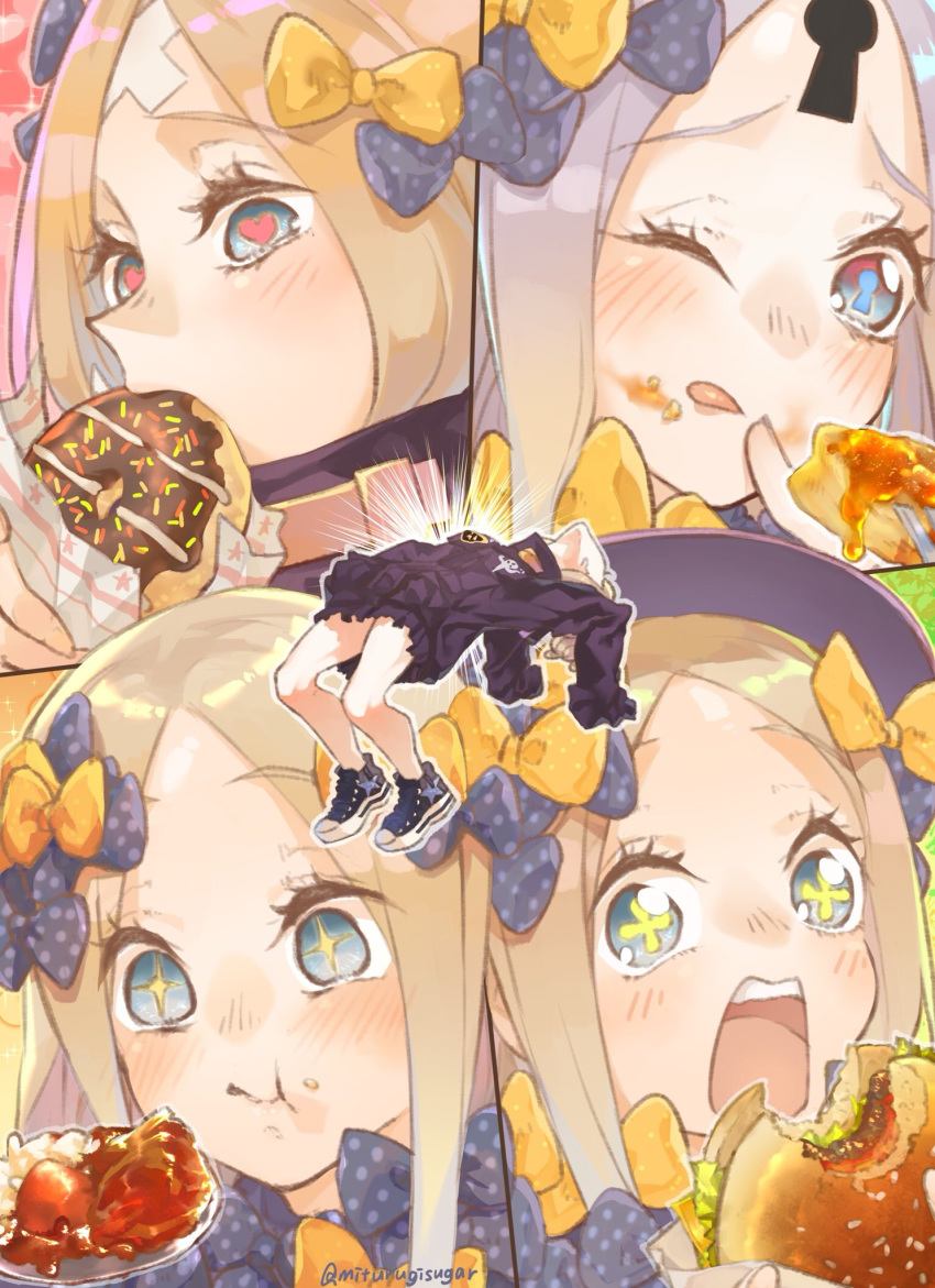 1girl abigail_williams_(fate/grand_order) bandaid_on_forehead blonde_hair blue_eyes bow doughnut eating fate/grand_order fate_(series) flower-shaped_pupils food food_on_face hair_bow hamburger heart heart-shaped_pupils highres keyhole mithurugi-sugar shoes sleeves_past_fingers sleeves_past_wrists sneakers star star-shaped_pupils symbol-shaped_pupils twitter_username