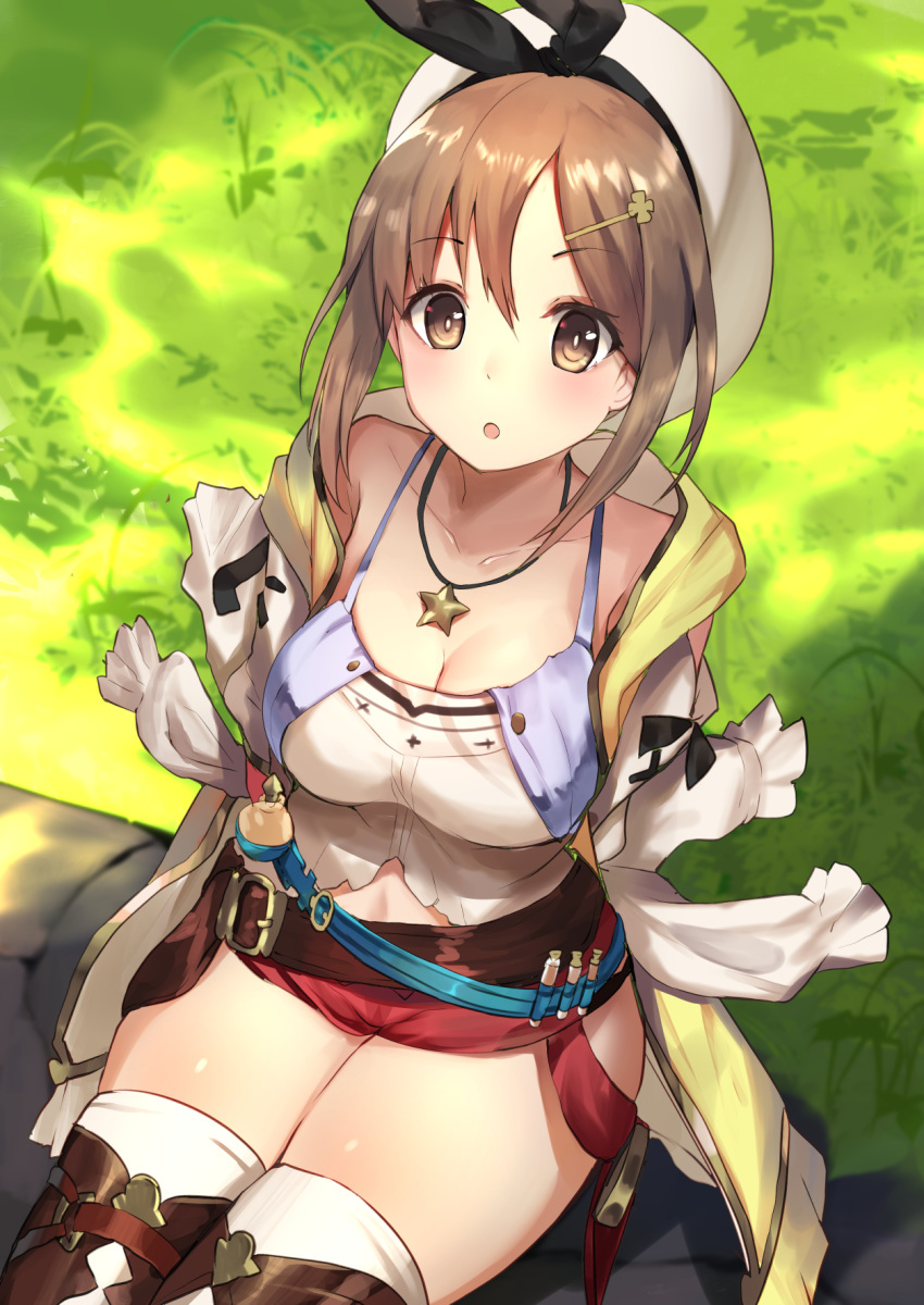 1girl arms_behind_back atelier_(series) atelier_ryza bangs belt blush breasts brown_eyes brown_hair cleavage collarbone commentary_request eyebrows_visible_through_hair haik hair_ornament hairclip hat highres jewelry large_breasts looking_at_viewer necklace open_mouth red_shorts reisalin_stout short_shorts shorts sitting solo star star_necklace test_tube thighhighs thighs white_headwear white_legwear
