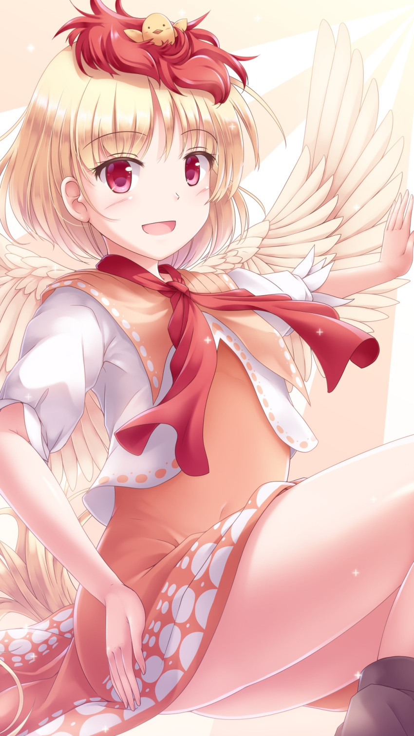 1girl :d bangs bird bird_tail bird_wings blonde_hair chick commentary_request eyebrows_visible_through_hair highres looking_at_viewer lzh niwatari_kutaka open_mouth outstretched_arm puffy_sleeves red_eyes red_hair short_hair simple_background smile solo touhou white_background wings