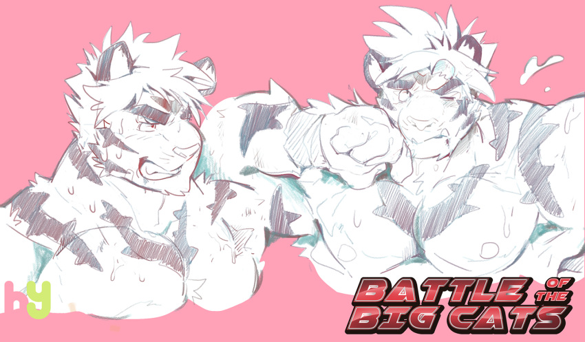 2019 anthro english_text felid fur hylogon magan male mammal muscular muscular_male pantherine pecs pink_background simple_background solo striped_fur stripes text tiger tokyo_afterschool_summoners video_games