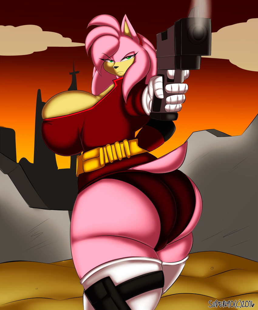 absurd_res amy_rose anthro big_breasts breasts butt clothed clothing cloud eulipotyphlan female gun hedgehog hi_res huge_breasts mammal ranged_weapon sky solo sonic_(series) superix weapon