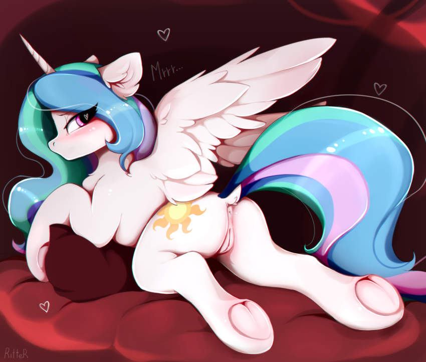 &lt;3 2019 anus blush butt cutie_mark dock equid feathers female friendship_is_magic hi_res hooves horn looking_at_viewer mammal multicolored_tail my_little_pony pillow princess_celestia_(mlp) pussy ritter solo underhoof white_feathers winged_unicorn wings