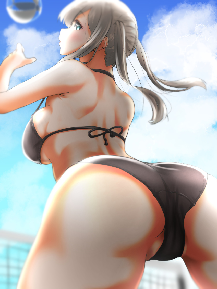 1girl alternate_costume ass ball beachball bikini black_bikini blonde_hair blue_eyes blue_sky blush breasts cloud eyebrows_visible_through_hair graf_zeppelin_(kantai_collection) highres kantai_collection large_breasts looking_back looking_down open_mouth sidelocks sky solo swimsuit tama_(seiga46239239) volleyball