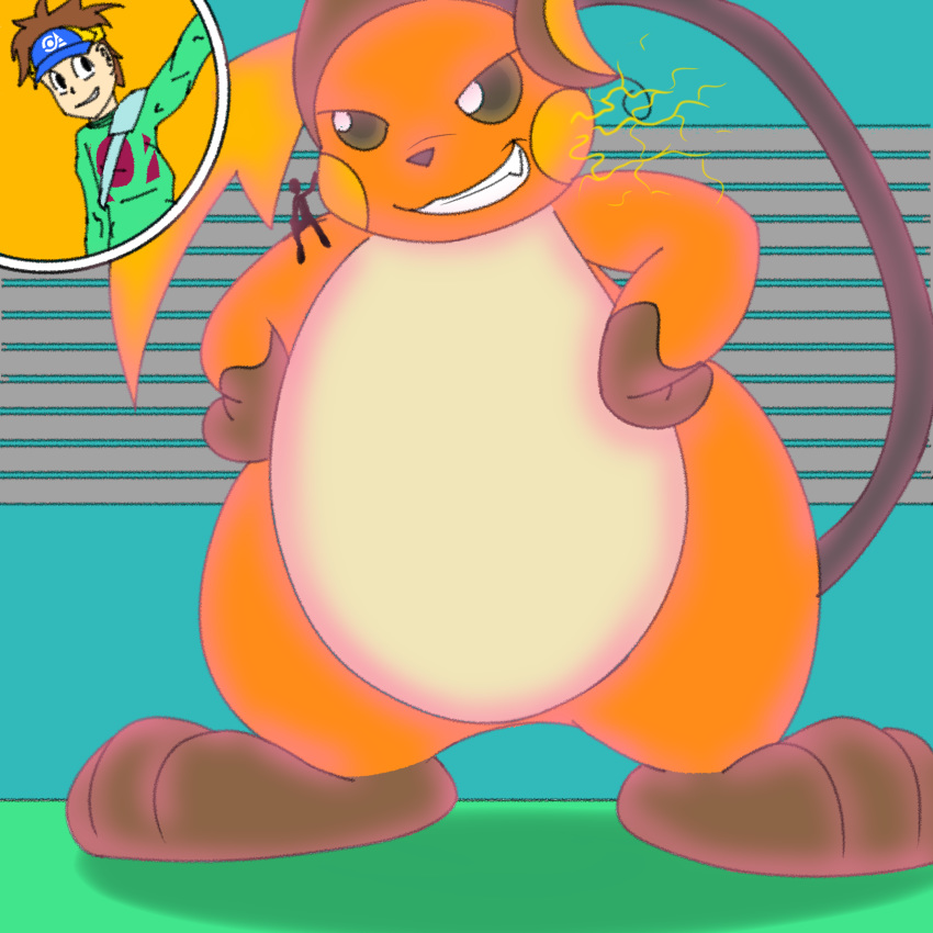1:1 2019 absurd_res dynamax electricity hi_res human invalid_background kanahu lightning_bolt looking_at_viewer macro male mammal micro nintendo overweight pok&eacute;mon pok&eacute;mon_(species) pose raichu riding riding_on_shoulder simple_background slightly_chubby video_games zoomed_in_view