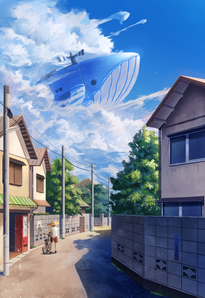 1other aircraft airship ambiguous_gender bicycle blue_sky brown_shorts building cloud cloudy_sky commentary_request day door fantasy fjsmu ground_vehicle hat highres house original outdoors power_lines rural scenery shirt shoes shorts sky straw_hat sunlight tree vending_machine whale white_shirt