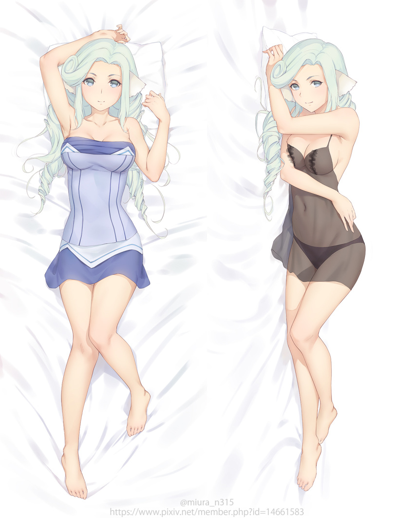 1girl arm_across_waist arm_up armpits bare_arms bare_legs bare_shoulders barefoot bed_sheet black_panties blue_dress blue_eyes blue_hair blush breasts camisole cleavage closed_mouth collarbone dakimakura dress drill_hair forehead full_body highres long_hair looking_at_viewer lying medium_breasts miura-n315 multiple_views munechika navel on_back on_side panties pillow see-through smile stomach strapless strapless_dress underwear underwear_only utawareru_mono utawareru_mono:_itsuwari_no_kamen