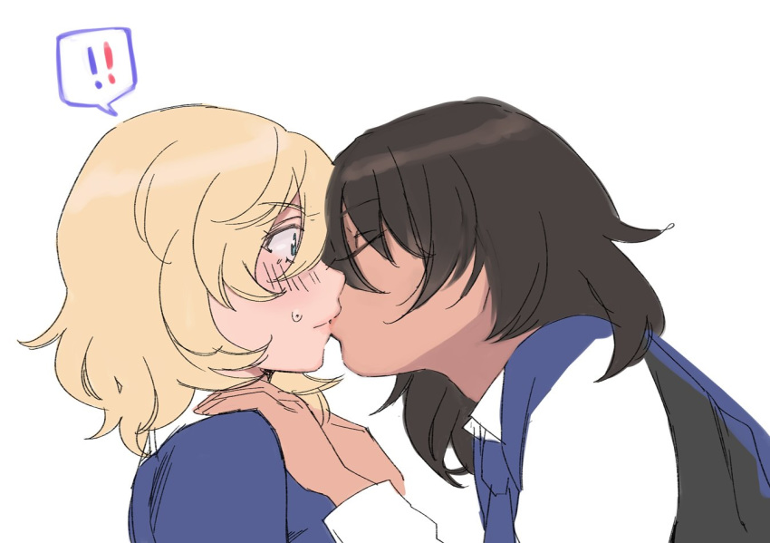 !! 2girls andou_(girls_und_panzer) bc_freedom_school_uniform black_hair blonde_hair blue_eyes blush closed_eyes eyebrows_visible_through_hair girls_und_panzer hand_on_another's_shoulder kiss medium_hair messy_hair multiple_girls oshida_(girls_und_panzer) school_uniform simple_background sumiredoljo surprised sweatdrop white_background wide-eyed yuri