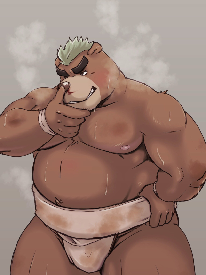 5_fingers anthro ashigara belly blood bulge clothing eyebrows green_hair hair half-closed_eyes hi_res japanese_clothing mammal mawashi morkov musclegut nipples nosebleed pecs smile solo steam sweat tokyo_afterschool_summoners ursid video_games