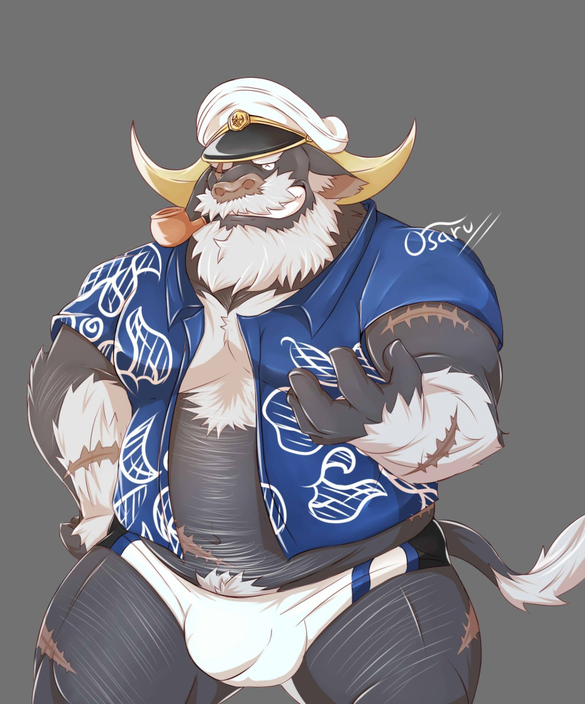 2019 ahab_(tas) anthro belly bon_donuts bovid bovine bulge clothed clothing hat headgear headwear hi_res humanoid_hands male mammal navel one_eye_closed open_shirt overweight overweight_male scar shirt simple_background solo tokyo_afterschool_summoners topwear true_buffalo underwear video_games water_buffalo wink