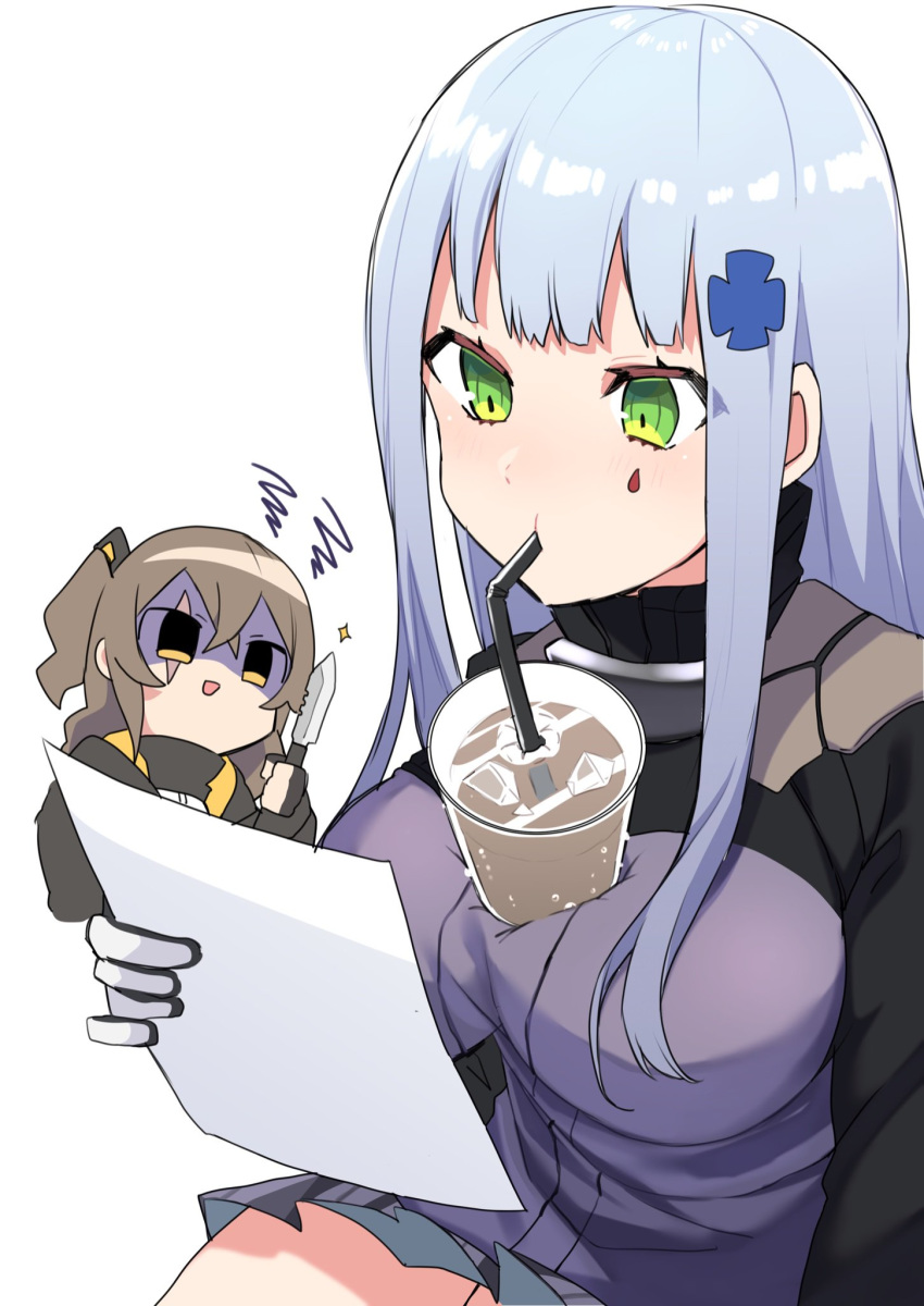 2girls bangs breasts brown_hair commentary_request cup disposable_cup drinking drinking_straw facial_mark girls_frontline girusyu1945 gloves green_eyes highres hk416_(girls_frontline) holding holding_knife jacket knife large_breasts long_hair multiple_girls scar scar_across_eye sidelocks silver_hair simple_background tawawa_challenge ump45_(girls_frontline) white_background
