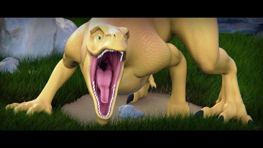 16:9 2019 3d_(artwork) 4k absurd_res detailed_background digital_media_(artwork) dinosaur gaping_mouth hi_res kysol looking_at_viewer male mouth_shot open_mouth outside reptile saliva scalie solo teeth tongue whiteperson