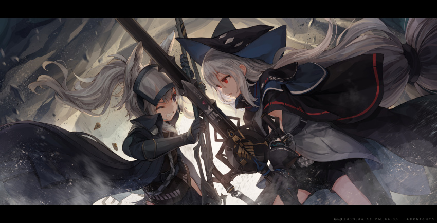 2girls animal_ear_fluff animal_ears arknights bangs battle belt black_belt black_capelet black_gloves black_headwear black_jacket black_shirt black_shorts capelet cardigan_(arknights) character_request clenched_teeth commentary copyright_name dated eye_contact eyebrows_visible_through_hair gloves goggles goggles_on_head hair_between_eyes hat high_ponytail highres holding holding_sword holding_weapon jacket jakoujika letterboxed long_hair long_sleeves looking_at_another low-tied_long_hair multiple_girls parted_lips ponytail purple_eyes red_eyes shirt short_shorts short_sleeves shorts silver_hair studded_belt sword teeth two-handed v-shaped_eyebrows vambraces very_long_hair weapon