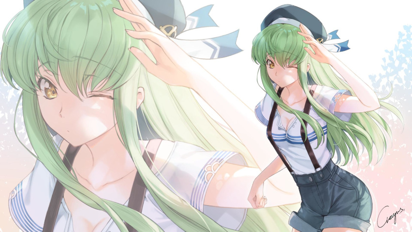 1girl blue_shorts breasts c.c. cleavage closed_mouth code_geass collarbone cowboy_shot creayus eyebrows_visible_through_hair floating_hair green_hair hair_between_eyes hat hat_ribbon highres leaning_forward long_hair looking_at_viewer medium_breasts one_eye_closed ribbon shirt short_shorts short_sleeves shorts signature simple_background skirt solo standing suspender_skirt suspenders very_long_hair white_background white_shirt yellow_eyes zoom_layer