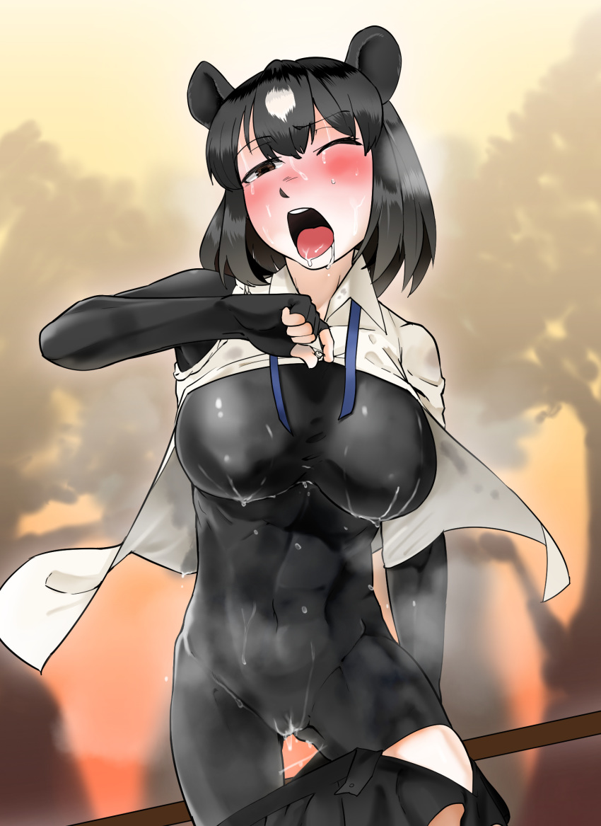 1girl abs animal_ears bear_ears bear_girl black_hair blush bodystocking breasts brown_bear_(kemono_friends) brown_eyes collared_shirt covered_nipples cowboy_shot dripping drooling groin hair_between_eyes half-closed_eye hand_up highres kemono_friends long_sleeves medium_breasts medium_hair one_eye_closed open_clothes open_mouth open_shirt outdoors partially_unbuttoned shippi shirt skin_tight skirt skirt_pull smell solo steam toned torn_clothes torn_sleeves two_side_up undressing wet wet_clothes white_hair