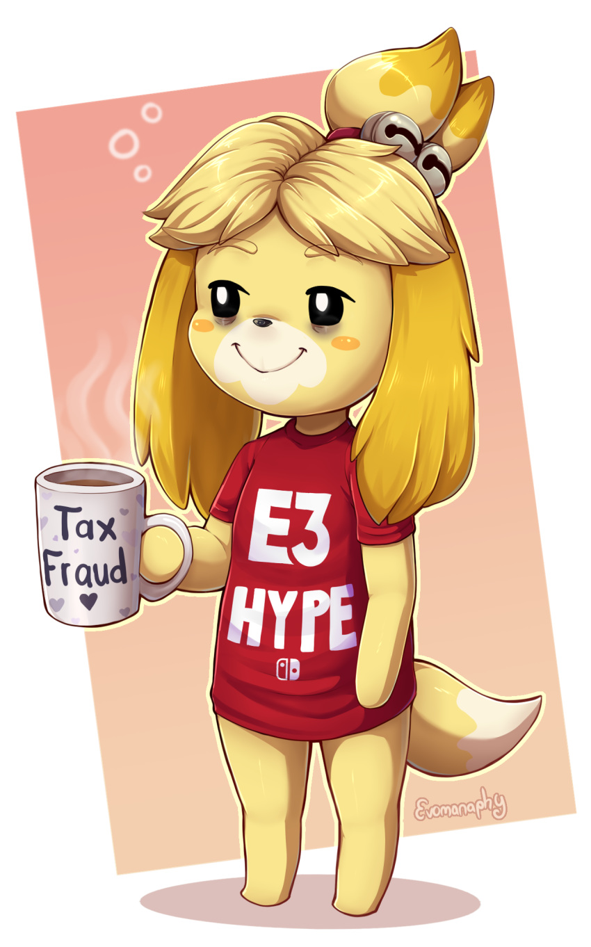 2019 animal_crossing anthro beady_eyes beverage blonde_hair canid canine canis clothed clothing coffee cup digital_media_(artwork) dipstick_tail domestic_dog english_text evomanaphy female hair hi_res holding_object isabelle_(animal_crossing) mammal multicolored_tail nintendo shih_tzu shirt signature smile solo text tired topwear toy_dog video_games