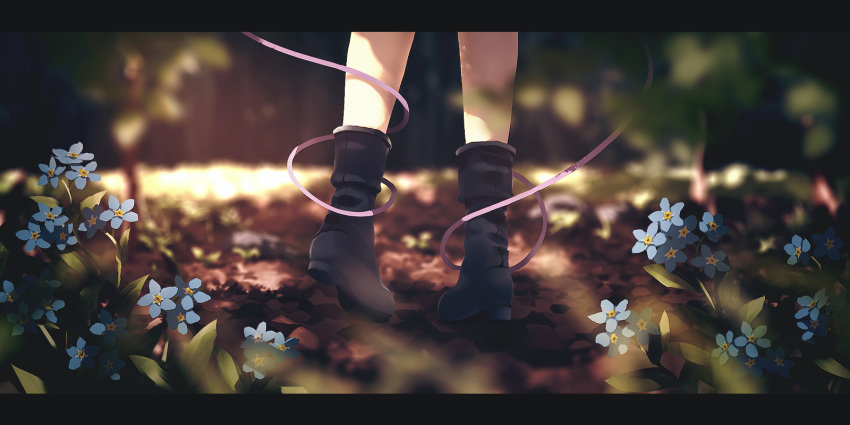 1girl black_footwear blue_flower blurry blurry_background boots commentary_request dise feet_only flower highres komeiji_koishi letterboxed outdoors scenery solo standing touhou