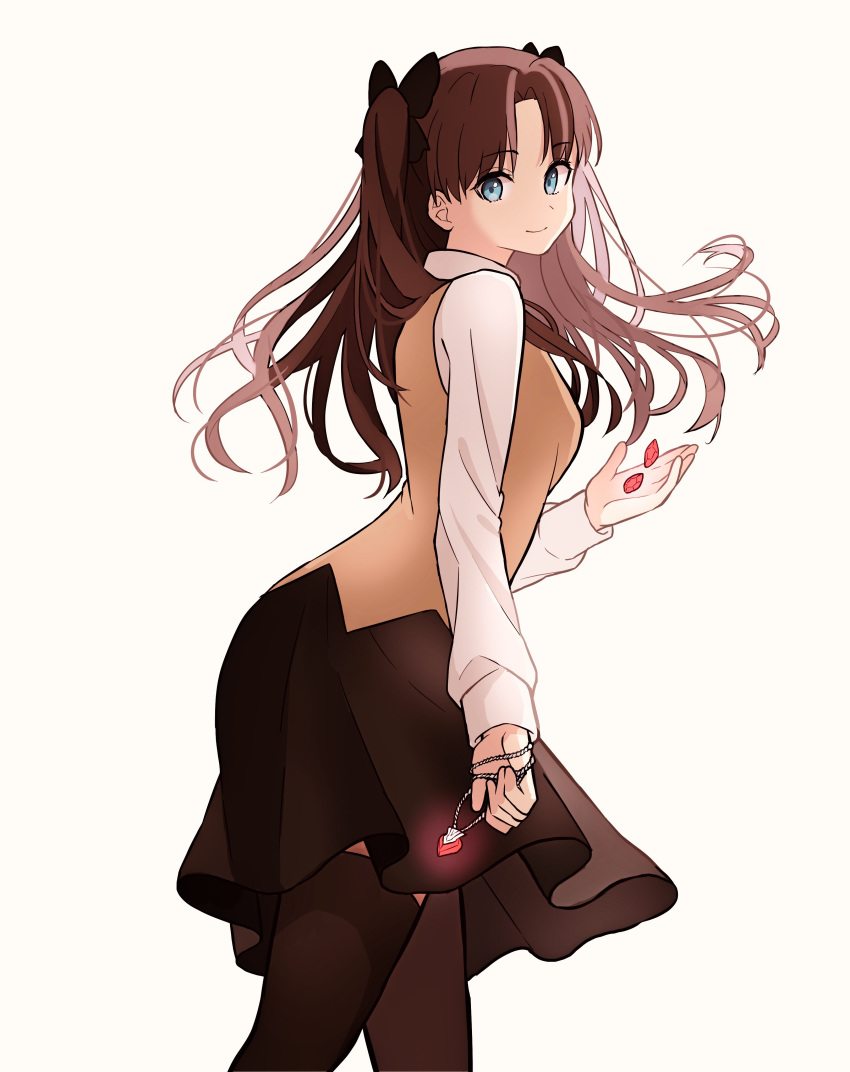 1girl absurdres black_bow black_legwear black_skirt blue_eyes bow brown_hair cowboy_shot eyebrows_visible_through_hair fate/stay_night fate_(series) floating_hair from_side hair_bow heart heart_necklace highres holding_necklace homurahara_academy_uniform long_hair long_sleeves looking_at_viewer lq_saku medium_skirt shirt simple_background skirt smile solo standing thighhighs toosaka_rin twintails white_background white_shirt