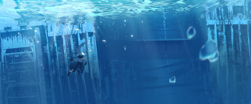 1girl air_bubble asuteroid blonde_hair bubble cable from_behind highres iris_(asuteroid) long_hair original ripples ruins scenery solo swimming underwater very_long_hair