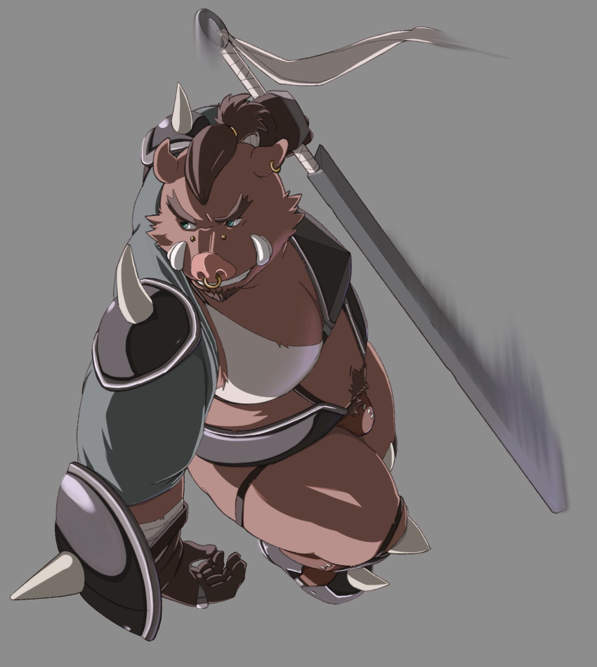 2019 action_pose anthro armor belly body_hair boots brown_fur brown_hair bulge clothing ear_piercing ear_ring facial_hair facial_piercing footwear fur gloves goatee hair happy_trail hi_res kemono male mammal melee_weapon midriff moobs morkov navel nose_piercing nose_ring overweight overweight_male piercing ponytail pose pubes shield simple_background smile solo suid suina sus_(pig) sword unconvincing_armor weapon wild_boar zipper