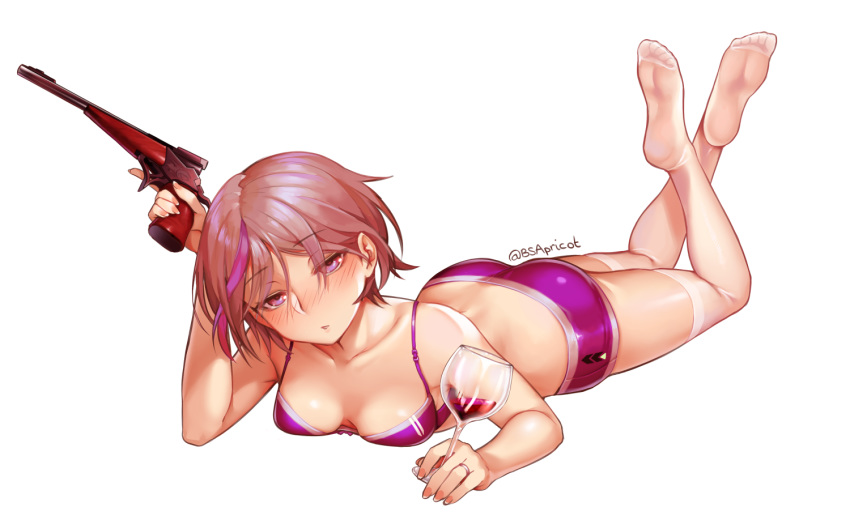 1girl alcohol ass bangs bare_arms bare_shoulders blush bra breasts collarbone commentary cup danielle_brindle drinking_glass drunk english_commentary eyebrows_visible_through_hair full_body girls_frontline grey_hair gun hair_between_eyes handgun head_tilt holding holding_cup holding_gun holding_weapon legs_up looking_at_viewer multicolored_hair no_shoes nose_blush object_namesake parted_lips purple_bra purple_eyes purple_hair purple_shorts short_hair short_shorts shorts simple_background small_breasts soles solo streaked_hair thighhighs thompson/center_contender thompson/center_contender_(girls_frontline) twitter_username underwear weapon white_background white_legwear wine wine_glass