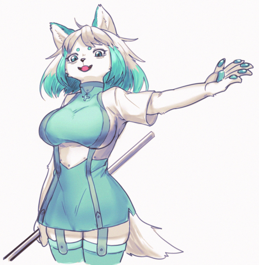 anthro black_nose canid canine clothing female front_view fur garter_straps hair hi_res looking_at_viewer mammal open_mouth pawpads portrait simple_background solo sususuigi three-quarter_portrait white_background white_clothing white_fur white_hair