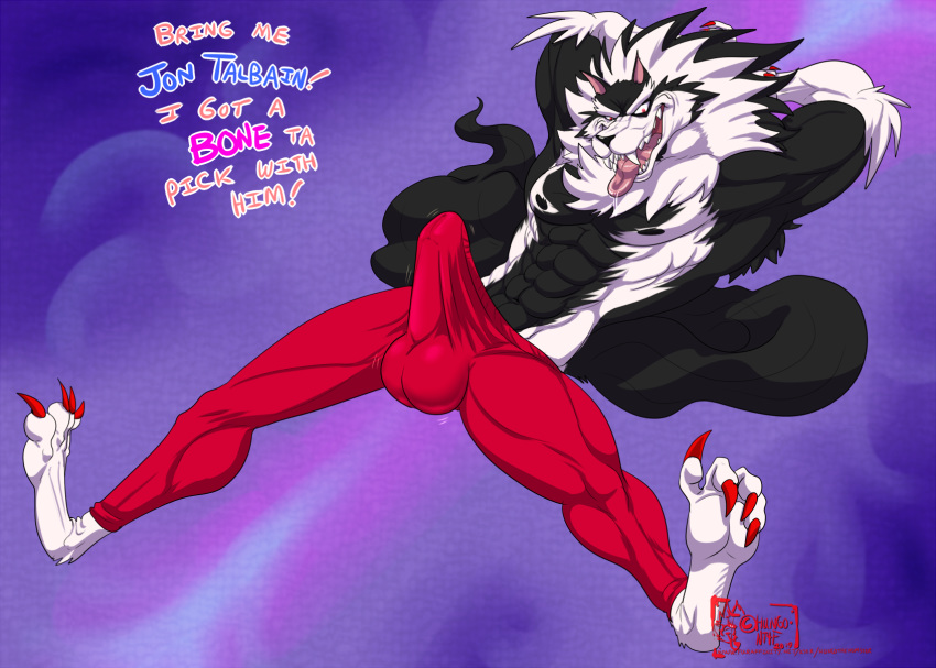 2019 4_toes abs anthro ball_bulge biceps black_hair black_nose black_skin body_hair bulge canid canine canis chest_hair claws clothing digitigrade drooling english_text eyebrows gloves_(marking) grin hair hands_behind_head hi_res hungothenomster male mammal mane markings multicolored_hair multicolored_skin muscular muscular_male muscular_thighs pants pecs penis_outline penis_shaped_bulge pose red_eyes saliva sharp_teeth simple_background smile solo speech_bubble teeth text toes two_tone_hair two_tone_skin were werecanid werecanine werewolf white_hair white_skin wolf