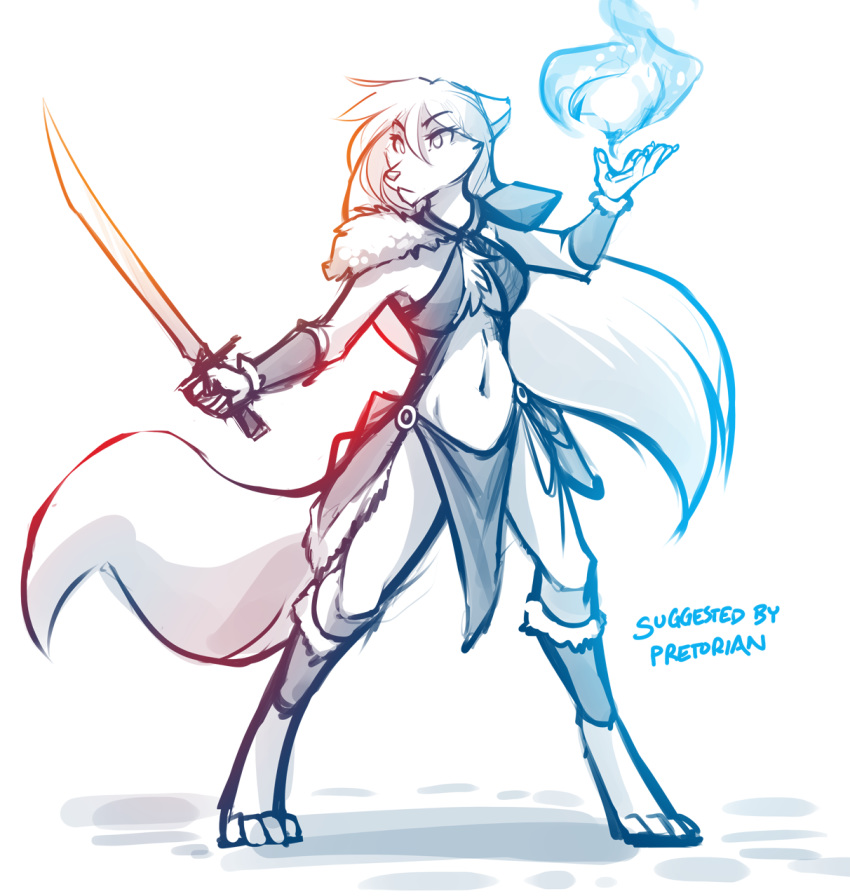 2019 anthro armor barefoot breasts canid canine canis chest_tuft cleavage clothed clothing digitigrade female hi_res holding_object holding_weapon keidran loincloth magic magic_user mammal melee_weapon midriff monochrome navel pauldron pose raine_silverlock simple_background sketch skimpy solo sword tom_fischbach tuft twokinds weapon webcomic white_background wolf