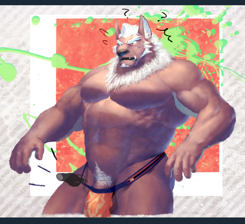 abs anthro balls biceps canid canine canis demon fur hair hi_res male mammal marchosias muscular muscular_male no-zp pecs penis scar tan_fur tokyo_afterschool_summoners video_games white_hair wolf