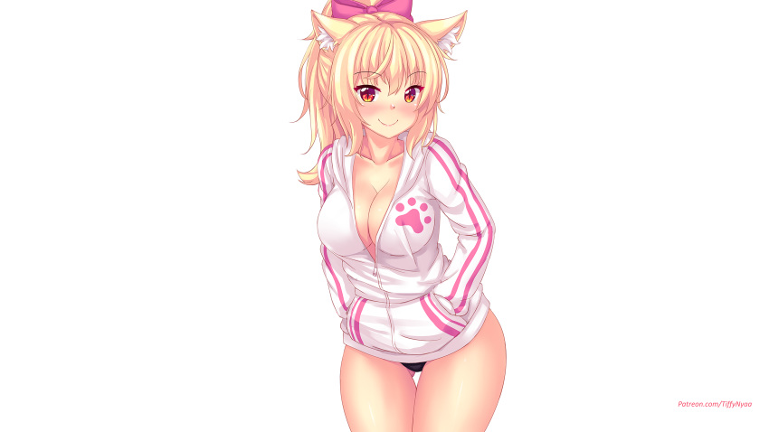 animal_ears blonde_hair breasts catgirl cleavage fast-runner-2024 orange_eyes original ponytail tiffy underwear watermark white