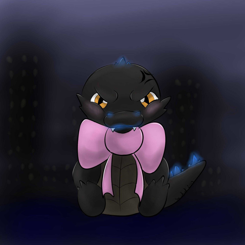 1:1 2019 ambiguous_gender angry black_scales black_skin blush bow_tie chibi claws digital_media_(artwork) glowing godzilla godzilla_(s&eacute;ries) godzilla_(series) hi_res invalid_tag kaiju looking_at_viewer monster pink_bow_tie sa-chat scales scalie simple_background sitting solo toho yellow_eyes