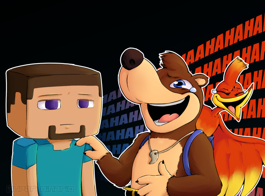 anthro avian banjo-kazooie banjo_(banjo-kazooie) blue_eyes breegull brown_fur crossover digital_media_(artwork) fur hi_res humanoid humor kazooie mammal minecraft open_mouth rareware simple_background smile steve_(minecraft) superbinario ursid video_games