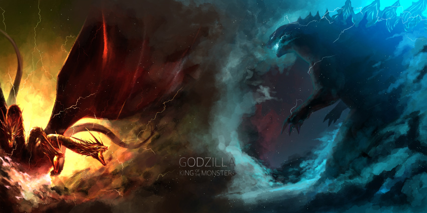 2others absurdres cloud cloudy_sky copyright_name electricity fangs glowing glowing_eyes glowing_mouth godzilla godzilla:_king_of_the_monsters godzilla_(series) highres hikari_(coolack2) horns kaijuu king_ghidorah king_ghidorah_(godzilla:_king_of_the_monsters) monster multiple_heads multiple_others multiple_tails sky smoke spiked_tail spines tail wings