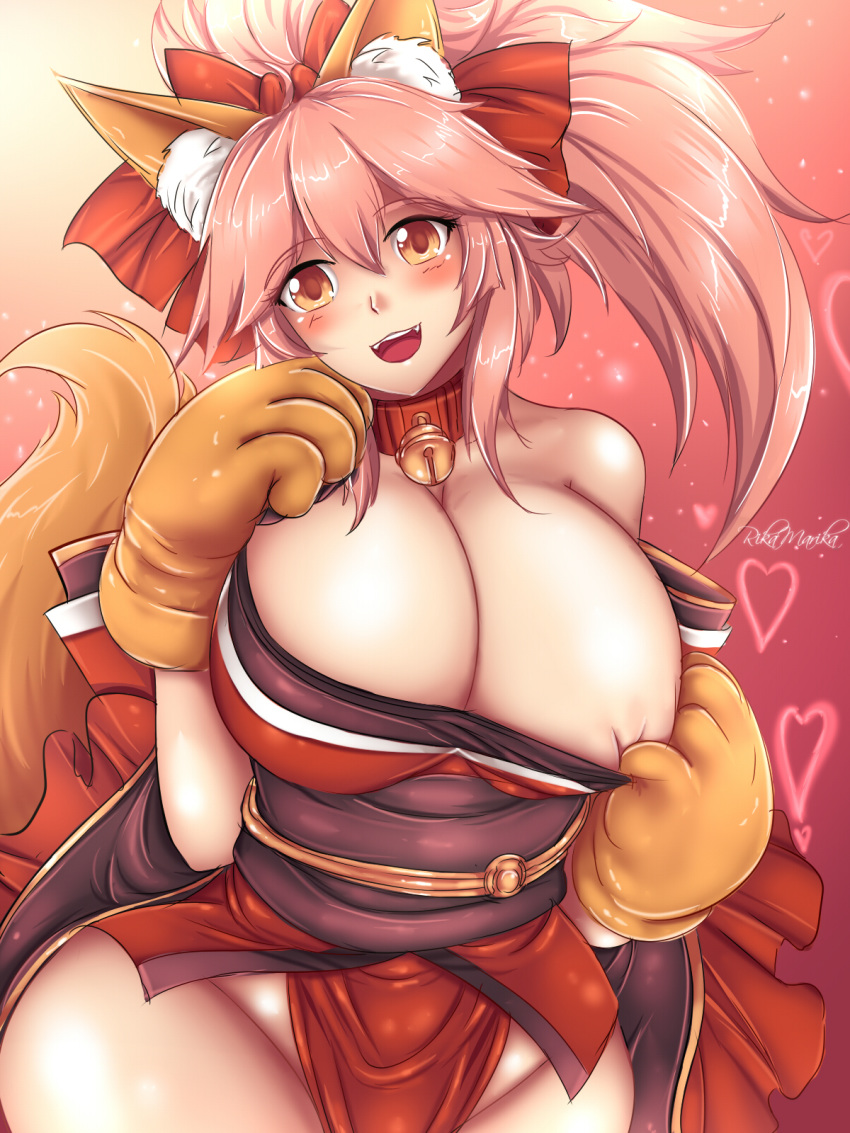 1girl alternate_breast_size animal_ear_fluff animal_ears bare_shoulders bell bell_collar blush breasts cat_paws cleavage collar commentary detached_sleeves fangs fate/grand_order fate_(series) fox_ears fox_girl fox_tail gloves groin hair_ribbon heart highres huge_breasts japanese_clothes jingle_bell kimono long_hair no_panties open_mouth paw_gloves paws pink_hair ponytail red_kimono red_ribbon ribbon rikamarika solo tail tamamo_(fate)_(all) tamamo_cat_(fate) yellow_eyes