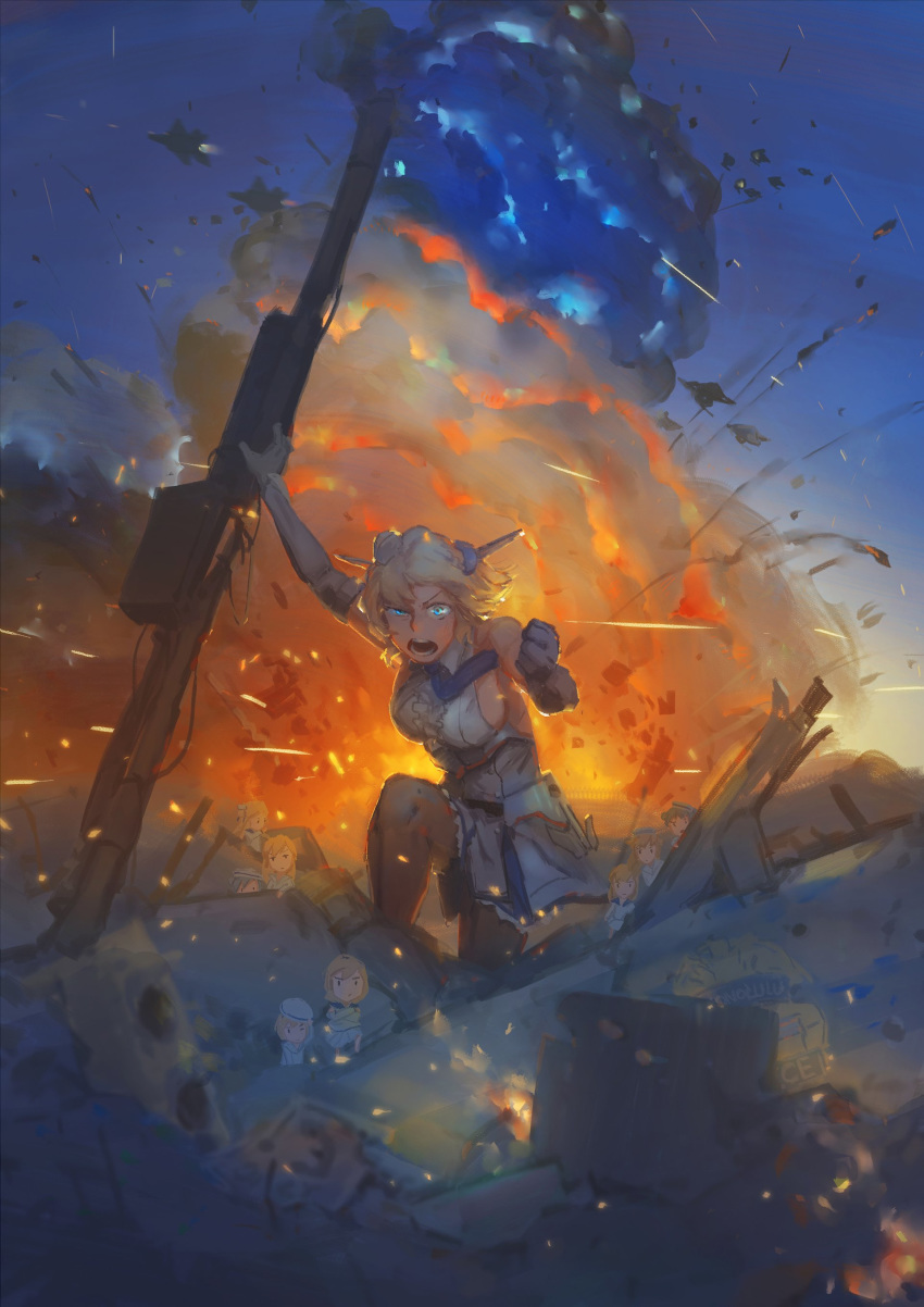 6+girls absurdres aircraft airplane black_gloves blonde_hair blue_eyes breasts clenched_hand colorado_(kantai_collection) elbow_gloves enemy_aircraft_(kantai_collection) explosion fairy_(kantai_collection) fire gloves headgear highres jet kantai_collection kneeling minigirl multiple_girls open_mouth outdoors pantyhose shinkaisei-kan short_hair skirt sky thighhighs ye_fan
