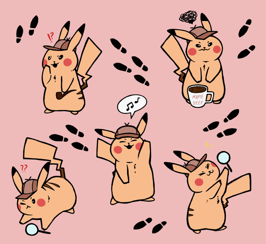 2019 ? ?! absurd_res ambiguous_gender back_markings beverage clothing coffee cup deerstalker_hat detective_pikachu english_text footprint fur hat hat_only headgear headwear hi_res holding_object magnifying_glass maplesleep markings mostly_nude musical_note nintendo one_eye_closed pikachu pink_background pok&eacute;mon pok&eacute;mon_(species) red_cheeks simple_background smoking_pipe speech_bubble text video_games yellow_fur