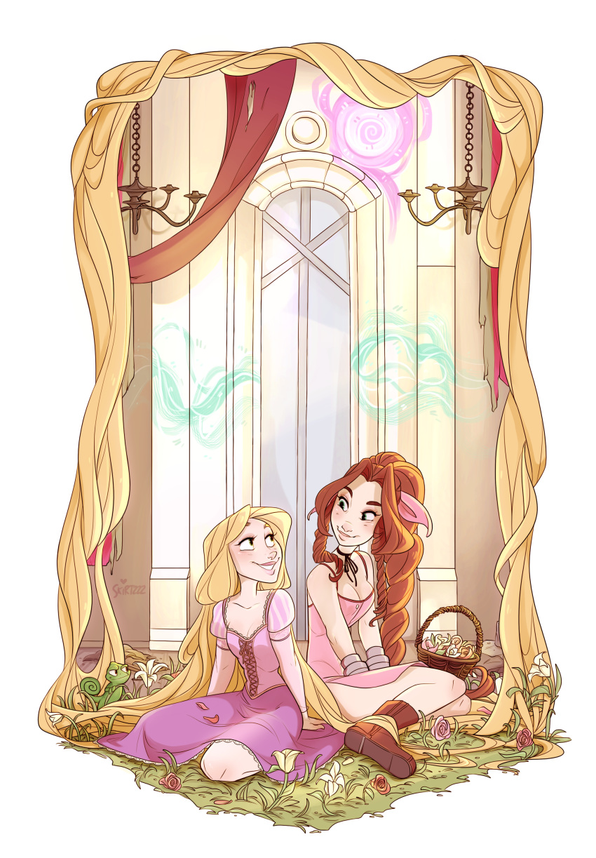 2girls absurdres aerith_gainsborough bangle blonde_hair boots bracelet brown_hair chandelier commission crossover disney dress english_commentary final_fantasy final_fantasy_vii flower flower_basket grass green_eyes hanging highres jewelry kingdom_hearts lifestream long_hair mandy_moore meteor multiple_girls neck_ribbon painting_(object) pascal_(tangled) ponytail rapunzel_(disney) ribbon seiyuu_connection signature skirtzzz tangled trait_connection very_long_hair